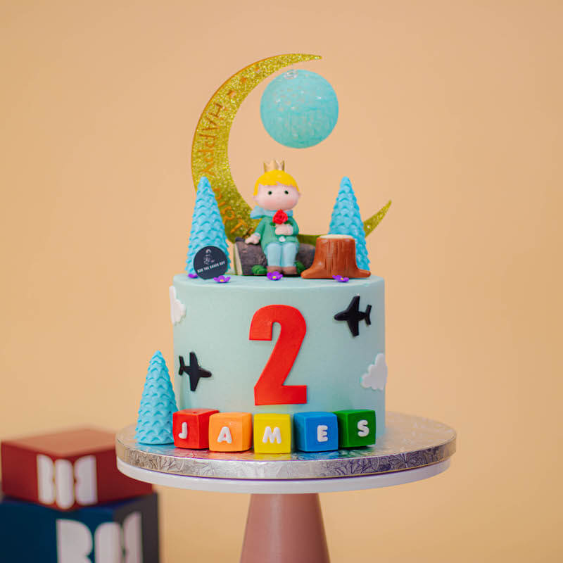 Pastel Teal Cake with Little Prince and Moon Topper 